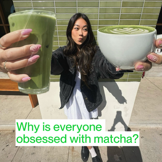 A girl holding an iced matcha and a matcha latte