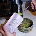 Matcha pouch with matcha bowl, woman making matcha