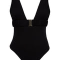 One-piece swimsuit with an elegant deep neckline and deep square cut in the back. Arloe signature crunch detail is found in the belt.  This swimsuit is fully reversible with white straps.    Moderate bottom coverage.