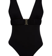 One-piece swimsuit with an elegant deep neckline and deep square cut in the back. Arloe signature crunch detail is found in the belt.  This swimsuit is fully reversible with white straps.    Moderate bottom coverage.