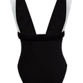 One-piece swimsuit with an elegant deep neckline and deep square cut in the back. Arloe signature crunch detail is found in the belt.  This swimsuit is fully reversible with white straps.    Moderate bottom coverage.