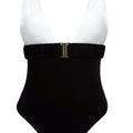 One-piece swimsuit with an elegant deep neckline and deep square cut in the back. Arloe signature crunch detail is found in the belt.  This swimsuit is fully reversible with white straps.    Moderate bottom coverage.